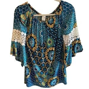 Win-Win Colorful 3/4 Sleeve Bell Sleeve Crew Neck Blouse Size‎ S-M